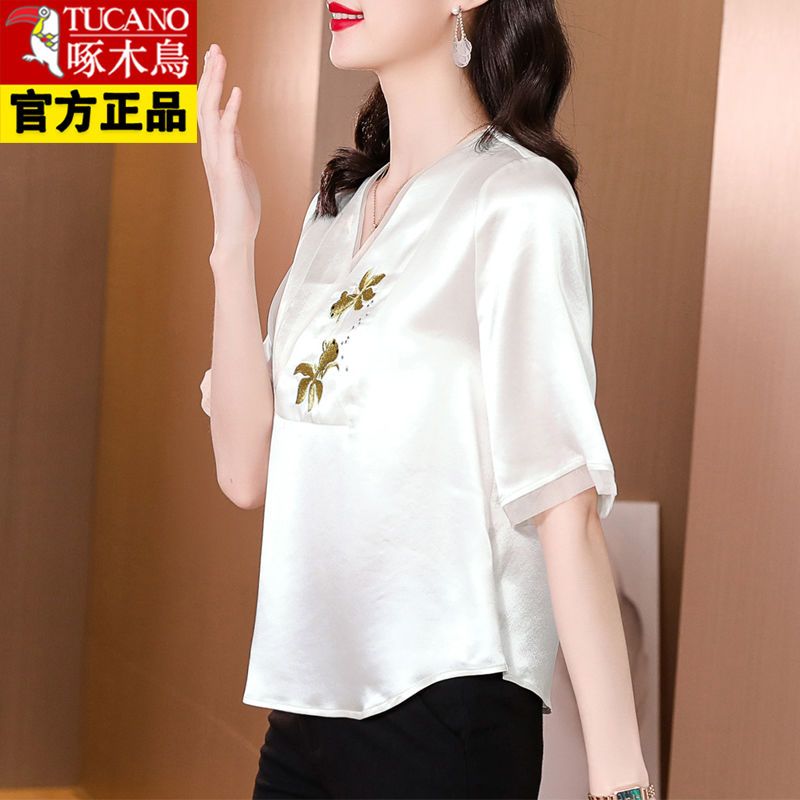 Woodpecker authentic high-end positioning embroidered acetate shirt female  summer new fashion temperament mother top