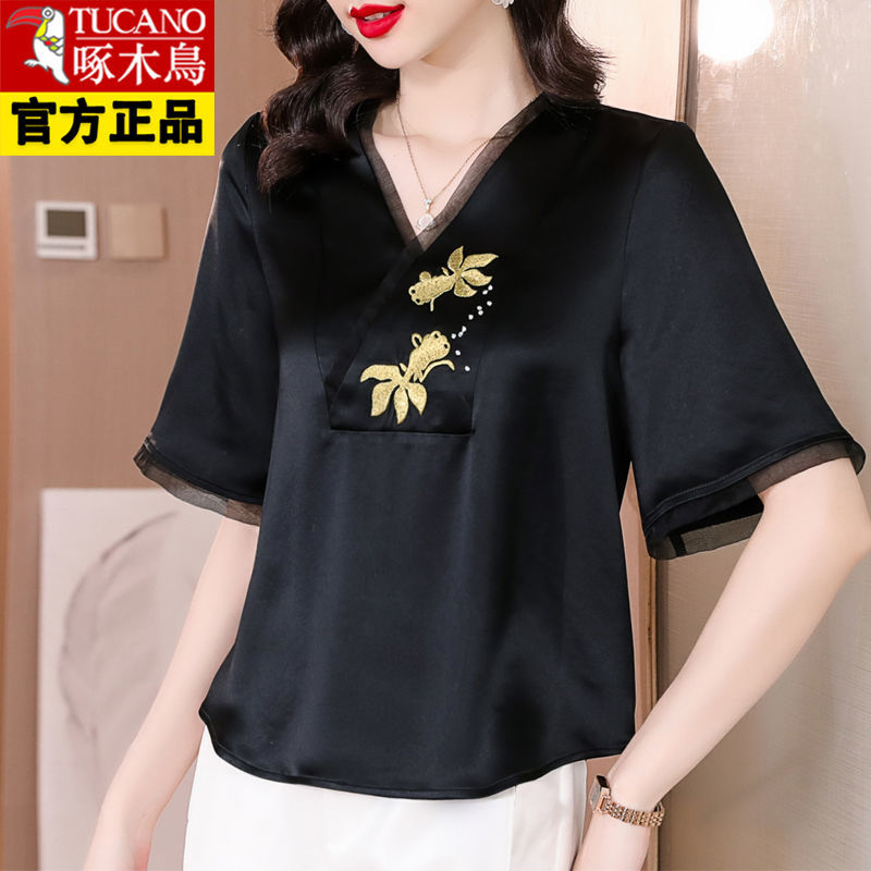 Woodpecker authentic high-end positioning embroidered acetate shirt female  summer new fashion temperament mother top