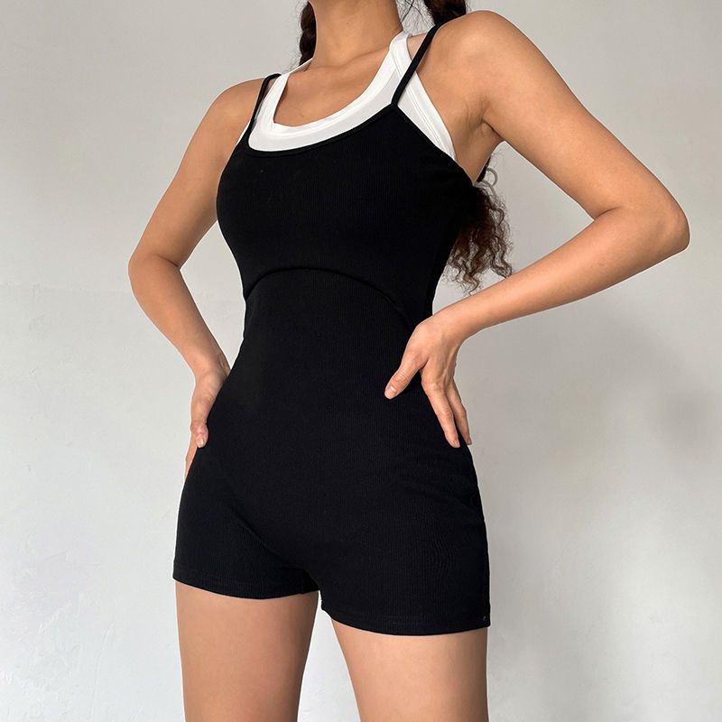 European and American contrast color fake two-piece strappy jumpsuit women's slim and slim dancing hot girl suspender top