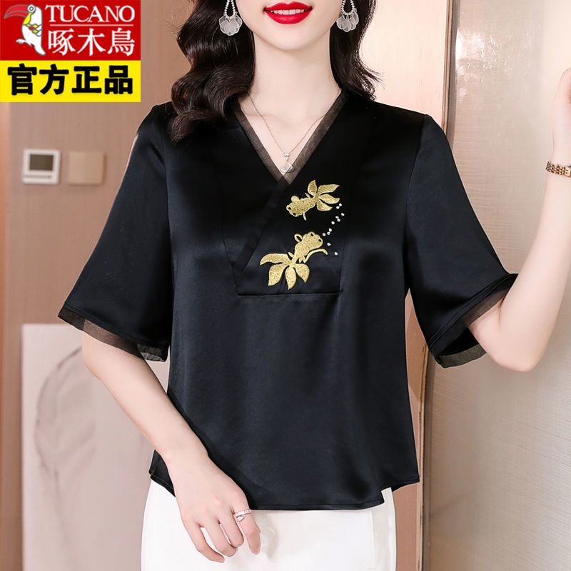 Woodpecker authentic high-end positioning embroidered acetate shirt female  summer new fashion temperament mother top