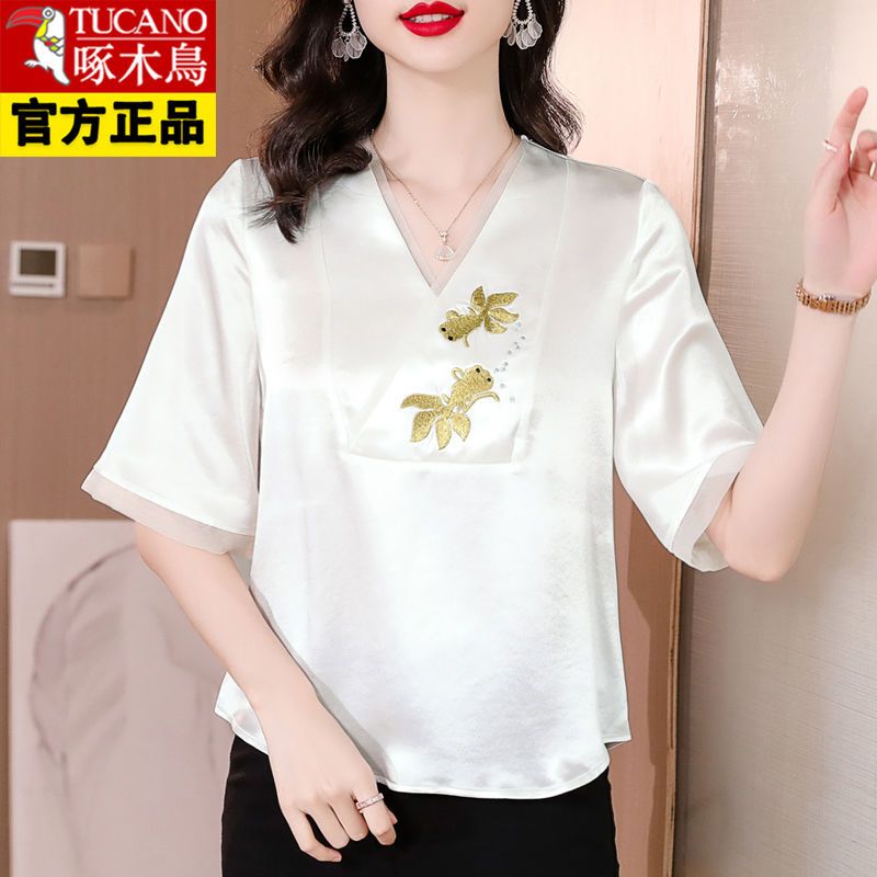 Woodpecker authentic high-end positioning embroidered acetate shirt female  summer new fashion temperament mother top