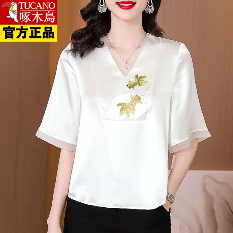 Woodpecker authentic high-end positioning embroidered acetate shirt female  summer new fashion temperament mother top