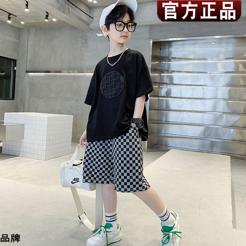 男童夏裝套裝款2023新款兒童中大童帥氣短袖棋盤格短褲休閒兩件套