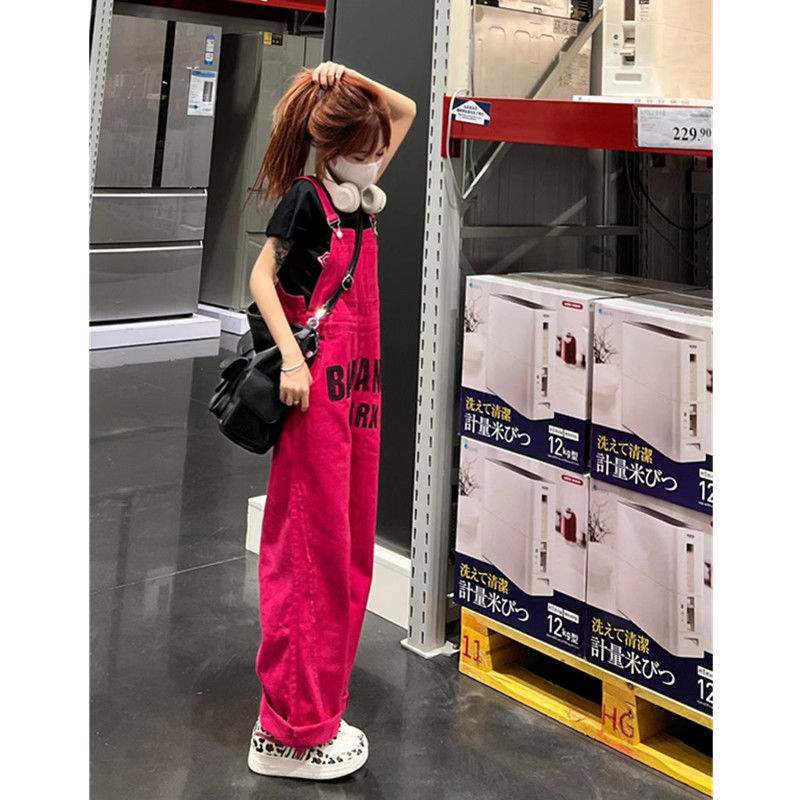 Guochao American style rose red denim overalls women's spring thin section retro high street design sense niche straight jumpsuit
