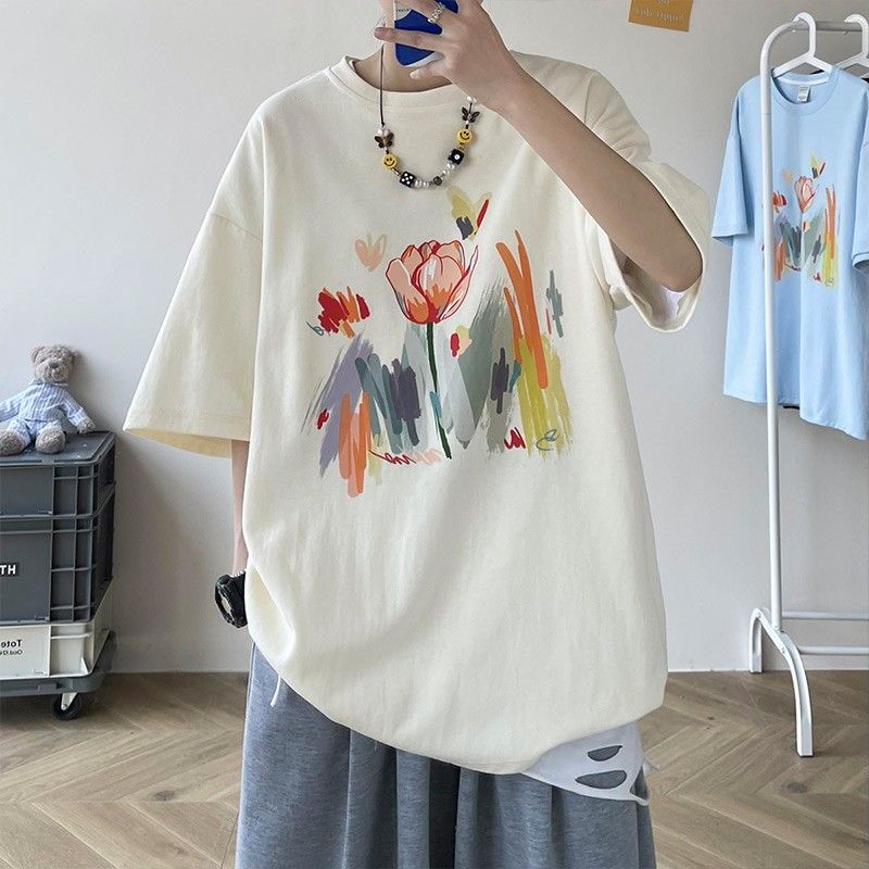 100% cotton short-sleeved t-shirt men and women simple BF style Harajuku retro loose ins couple summer tops