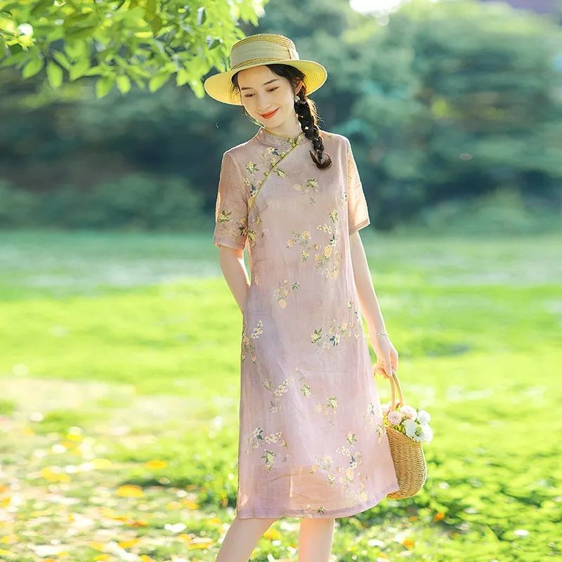 夏季改良旗袍苧麻連衣裙女高端夏裝2023新款文藝中國風棉麻裙子