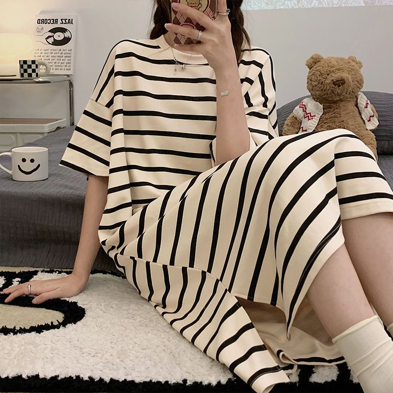 Nightdress women's summer cotton short-sleeved over-the-knee home clothes striped pajamas students ins dormitory loose large size outside wear