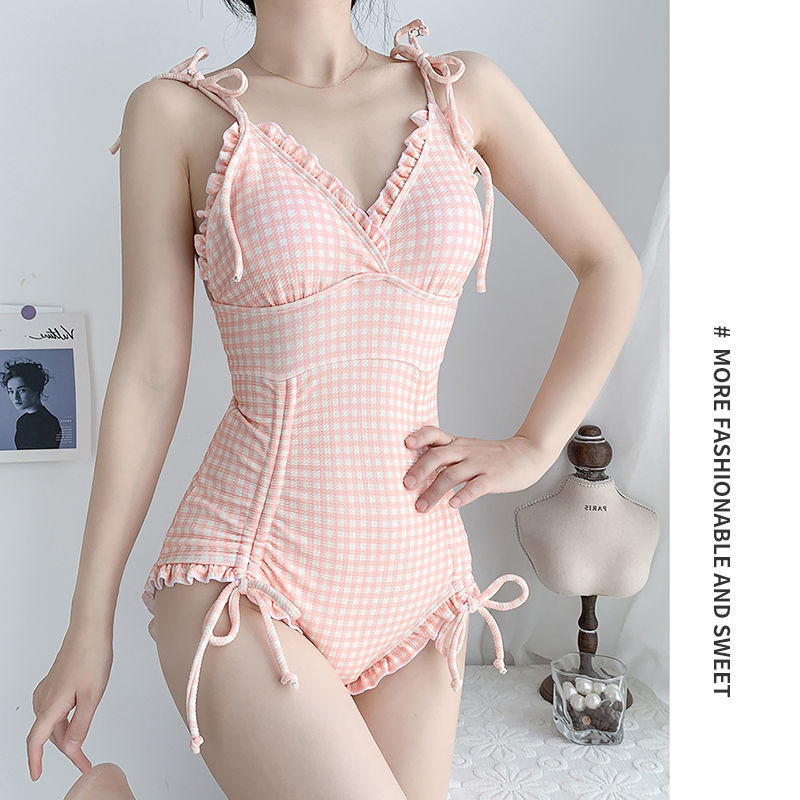 Girls' swimsuit female summer one-piece cover belly slimming student super fairy ins style open back small chest hot spring sexy sweet outfit