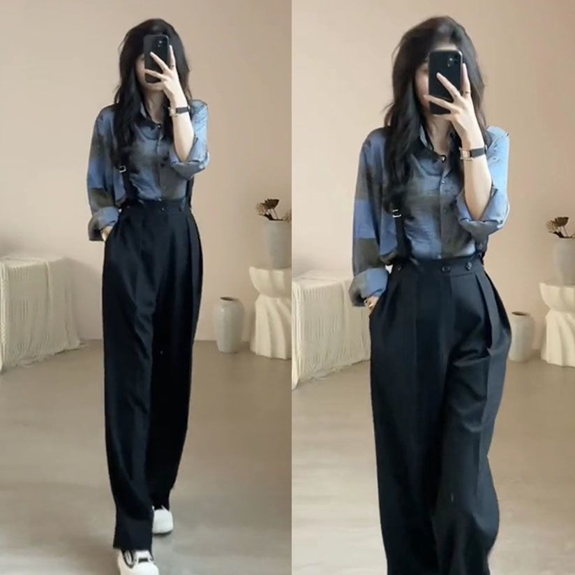 Summer suit female  new net red explosion style design sense niche shirt top slim overalls two-piece suit