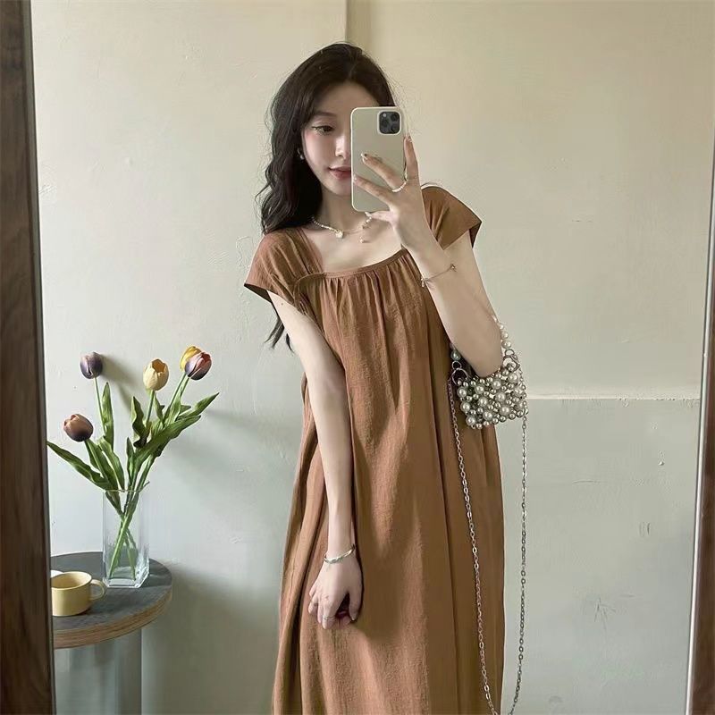 Summer Simple Korean Square Neck Loose Casual Lazy Wind Suspender Dress Solid Color Gentle Temperament Knee Length Dress