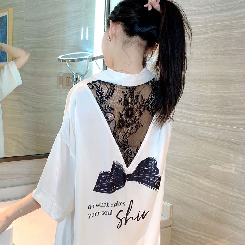 Ice and snow silk nightdress women's summer short-sleeved thin section splicing lace 2022 net red hot style bowknot high-end pajamas