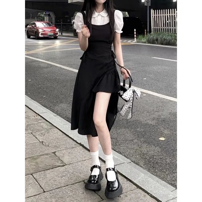 French retro Hepburn style black fake two-piece dress women's summer mid-length small irregular slit dress
