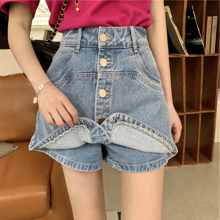 Large size fat sister high waist denim short skirt women's summer new anti-light thin a-line hakama bag hip skirt