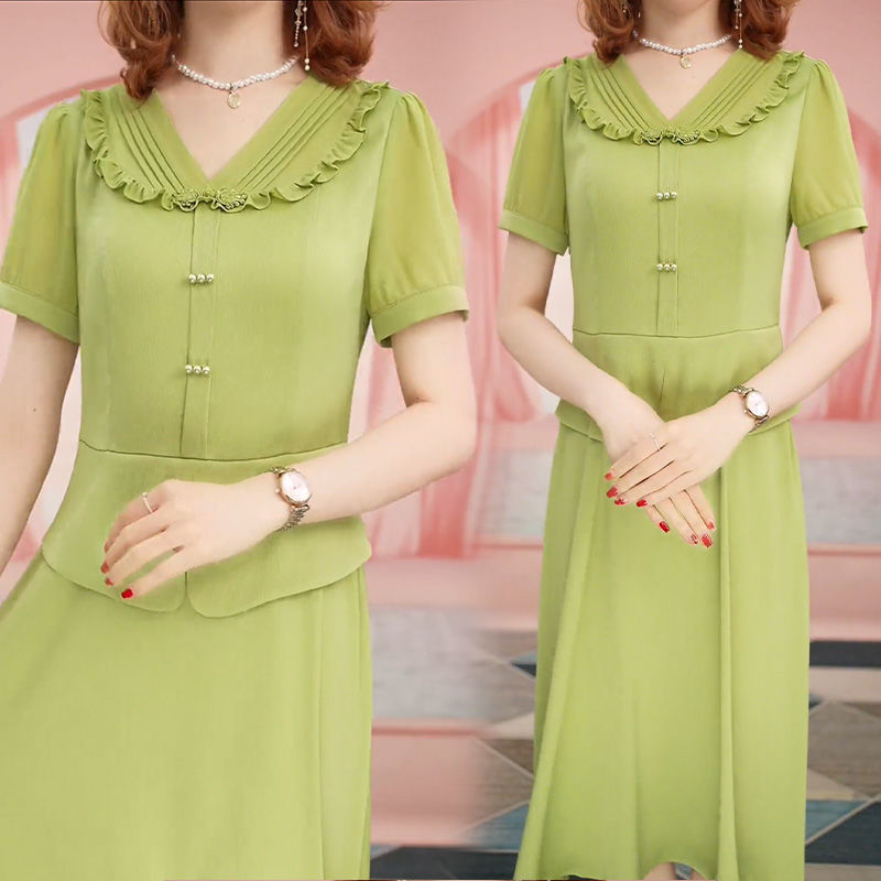 单/套装 时尚气质纯色裙套装女夏季新款V领短袖显瘦中长裙两件套