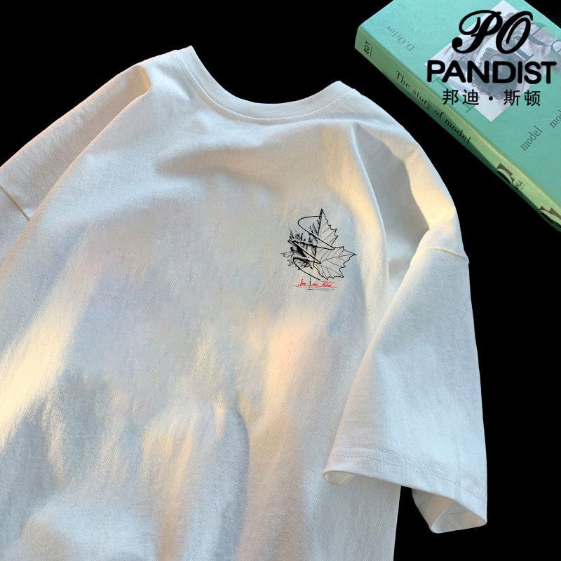 PANDIST 小楓葉印花t恤男短袖潮牌百搭ins夏季寬鬆潮流五分袖衣服