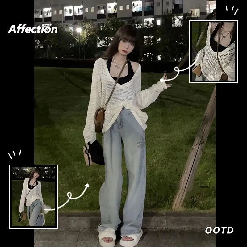 兩件套裝/單件夏季韓版寬鬆長袖鏤空V領防曬針織罩衫女+掛脖吊帶
