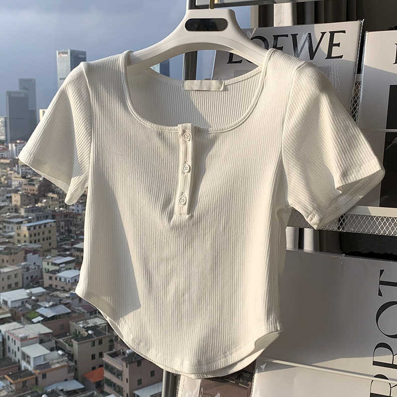 Front shoulder square collar button short-sleeved t-shirt women 2023 summer new thread loose half-sleeved bottoming shirt short top