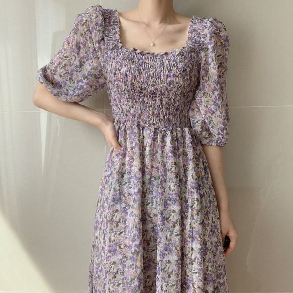溫柔風淑女裹胸裙碎花連衣裙女夏雪紡長裙收腰顯瘦氣質仙女裙子潮