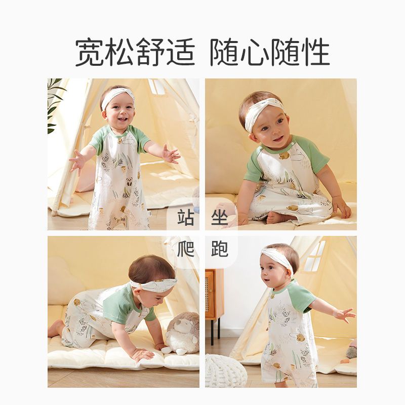 欧孕婴儿睡袋夏季薄款宝宝防踢被纱布家居服儿童睡衣连体空调服