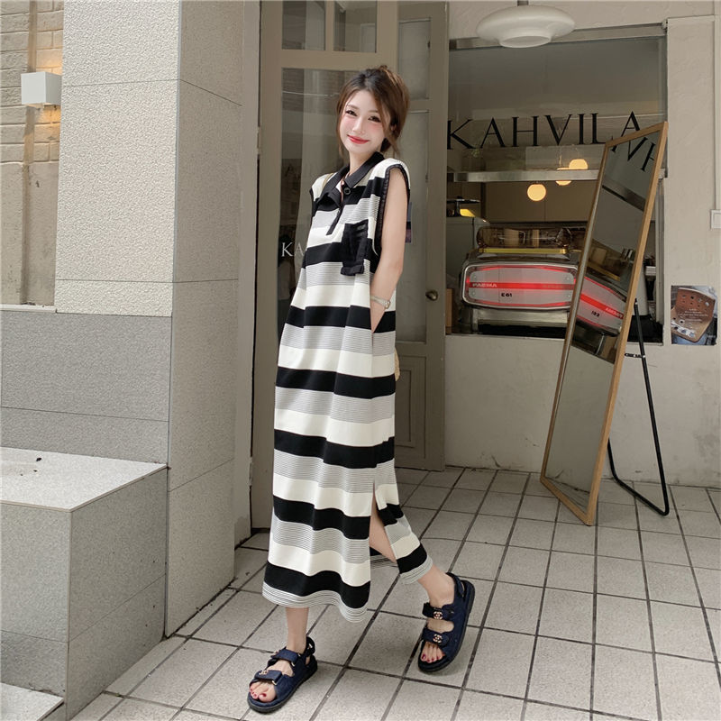 Design sense striped slit backless dress fat MM extra large size 300 catties summer loose polo collar vest skirt