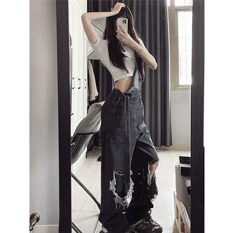 American ins ripped suspenders spring and summer new design sense niche wide-leg jeans slim jumpsuit tide