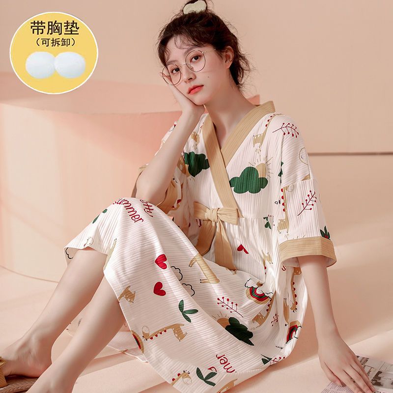 帶胸墊睡裙薄款夏季純棉短袖長款過膝甜美韓版寬鬆胖MM可外穿睡衣