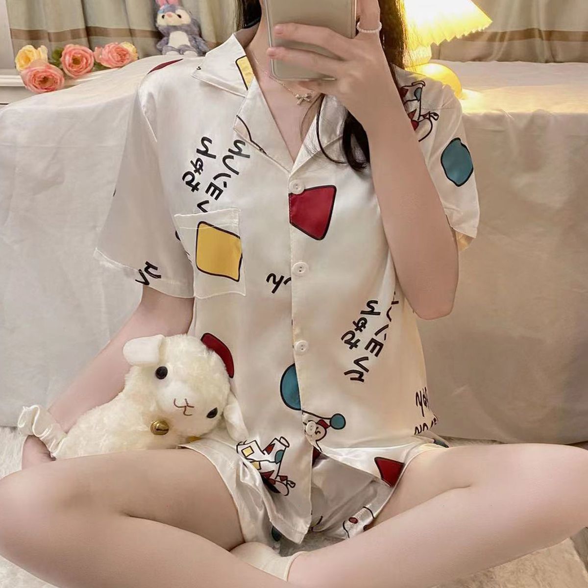 Pajamas women's summer ice silk cool thin section short-sleeved ins style high-value summer student cute home service suit