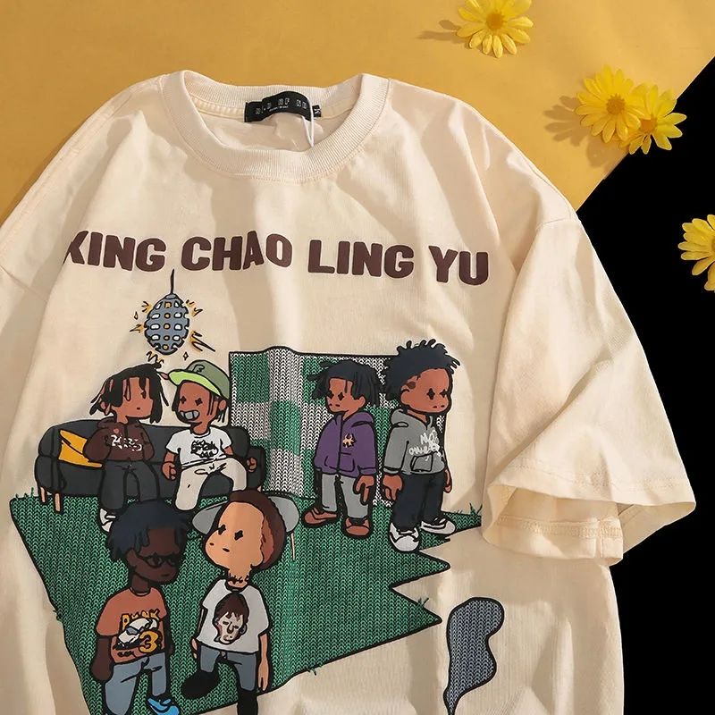 100%純棉寬鬆卡通短袖t恤男夏季歐美潮牌潮流ins百搭半袖衣服上衣