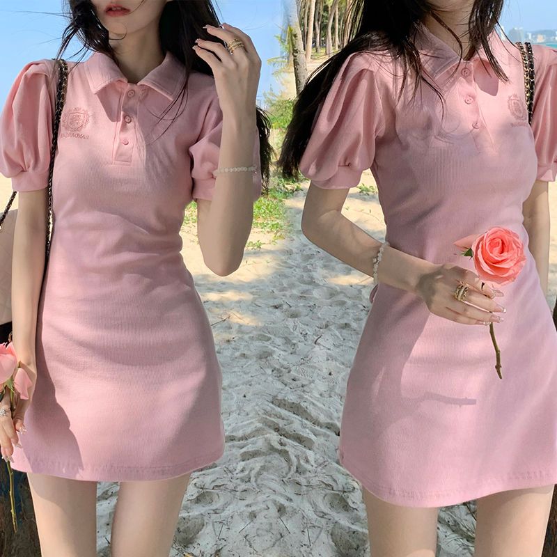 Pure desire waist POLO collar dress female summer new slim sweet hot girl small puff sleeve bag hip skirt