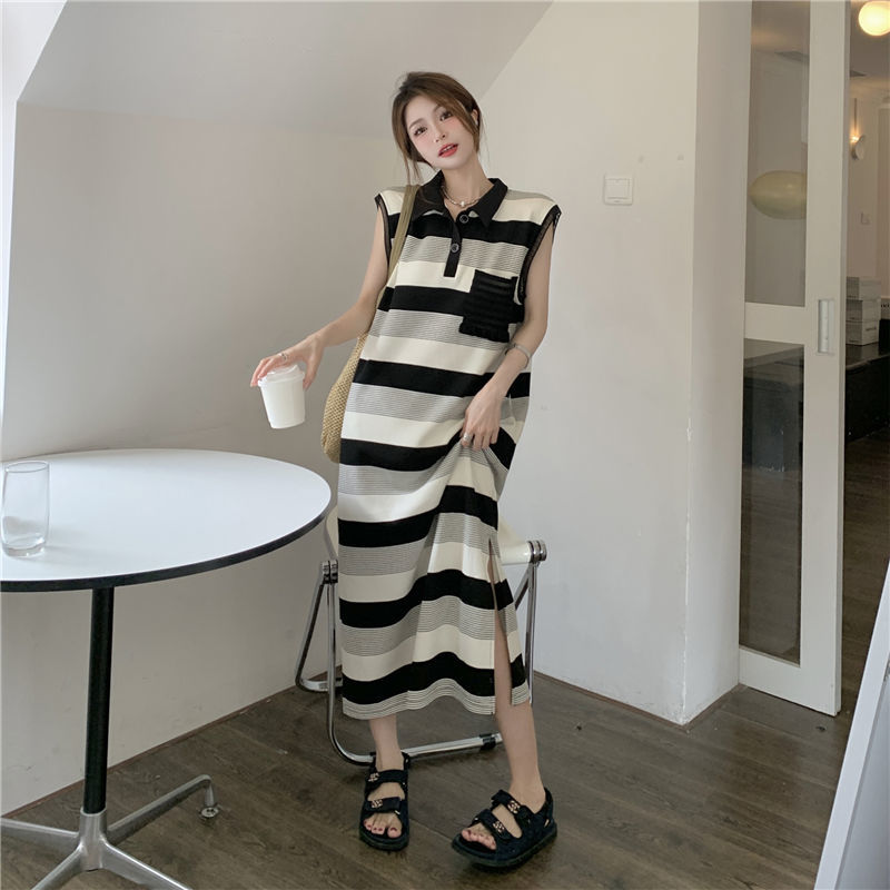 Design sense striped slit backless dress fat MM extra large size 300 catties summer loose polo collar vest skirt