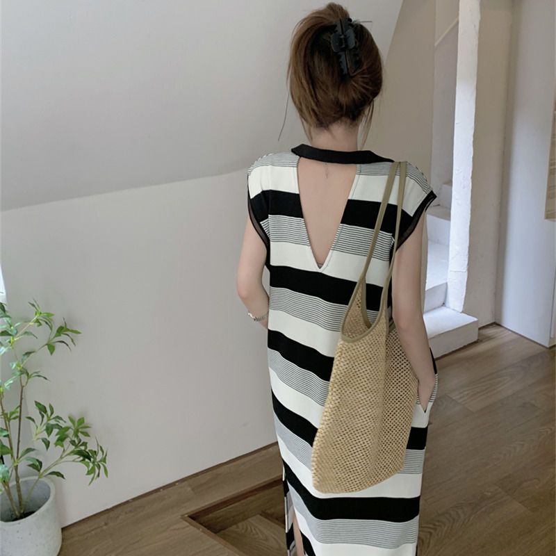 Design sense striped slit backless dress fat MM extra large size 300 catties summer loose polo collar vest skirt