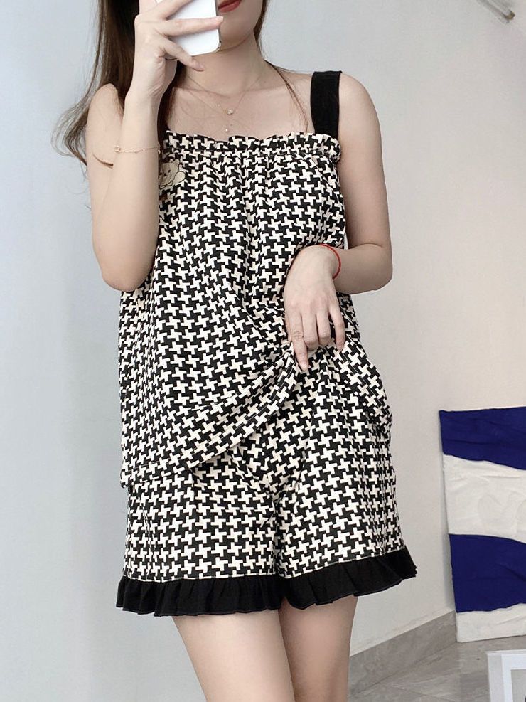 Houndstooth summer sweet pajamas women's suspenders 2022 summer new sleeveless vest can be worn outside home service suit