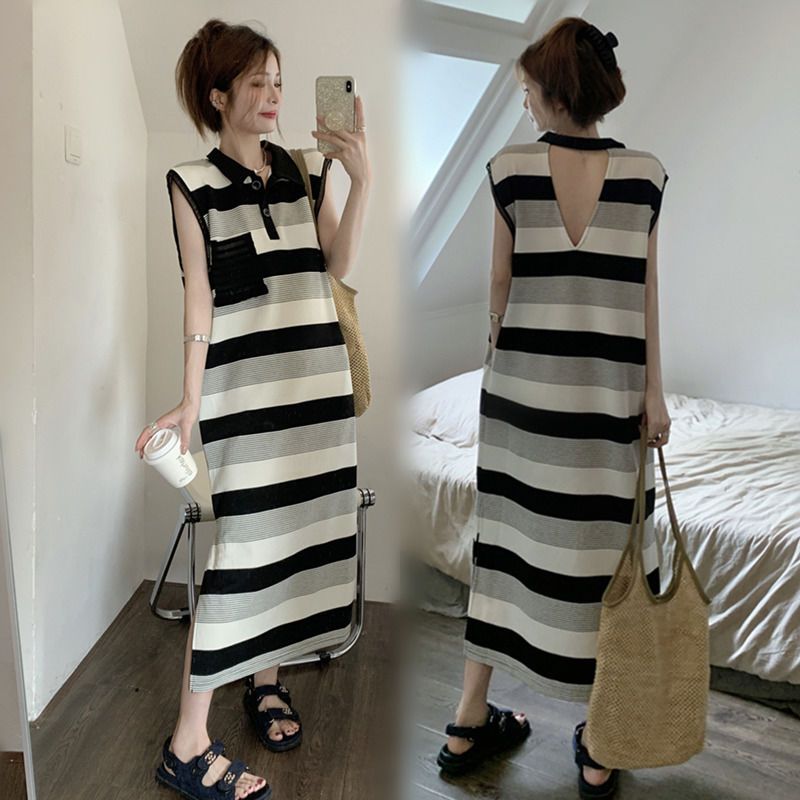 Design sense striped slit backless dress fat MM extra large size 300 catties summer loose polo collar vest skirt