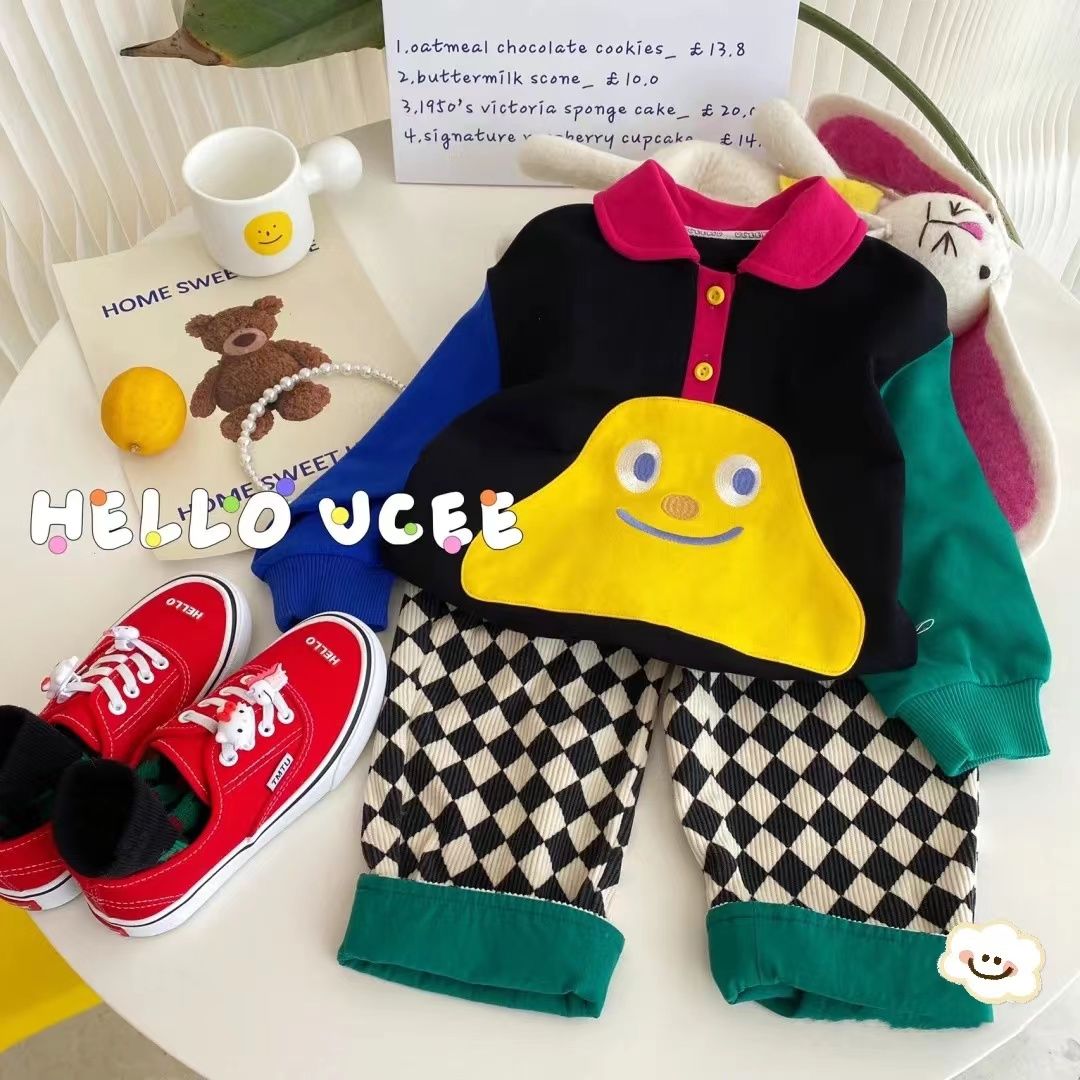 2022 autumn new color contrast design children's sweater long-sleeved boys and girls brother and sister clothing embroidered kindergarten wear