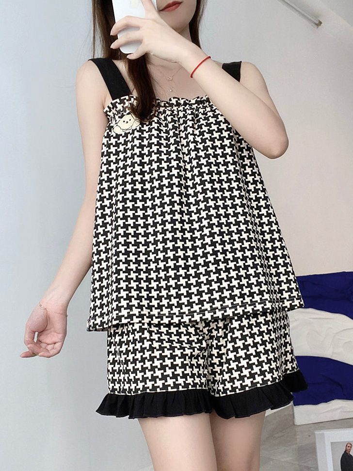 Houndstooth summer sweet pajamas women's suspenders 2022 summer new sleeveless vest can be worn outside home service suit