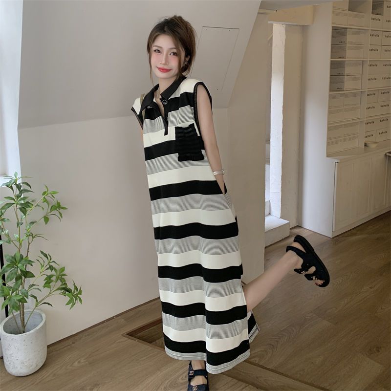 Design sense striped slit backless dress fat MM extra large size 300 catties summer loose polo collar vest skirt