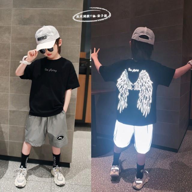 Pure cotton children's summer clothes men's T-shirt reflective wings short-sleeved angel wings trendy handsome half-sleeved loose parent-child clothing