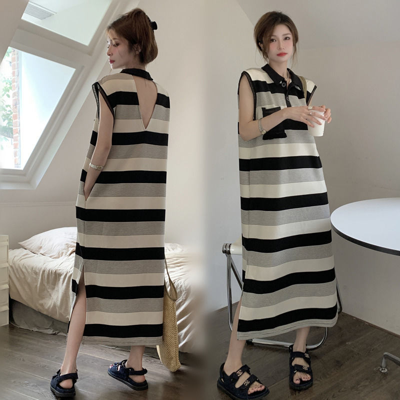 Design sense striped slit backless dress fat MM extra large size 300 catties summer loose polo collar vest skirt