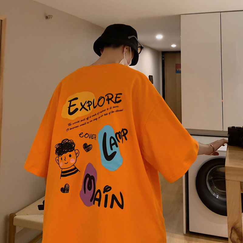 短袖t恤男桔色嘻哈vintage夏季潮牌冰感衣服寬鬆ins港風國潮復古