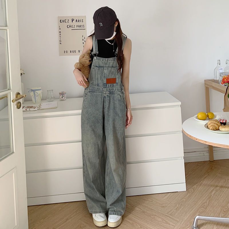 Denim overalls women's 2023 summer Korean version retro old-fashioned loose loose-fitting wide-leg pants daddy trousers tide
