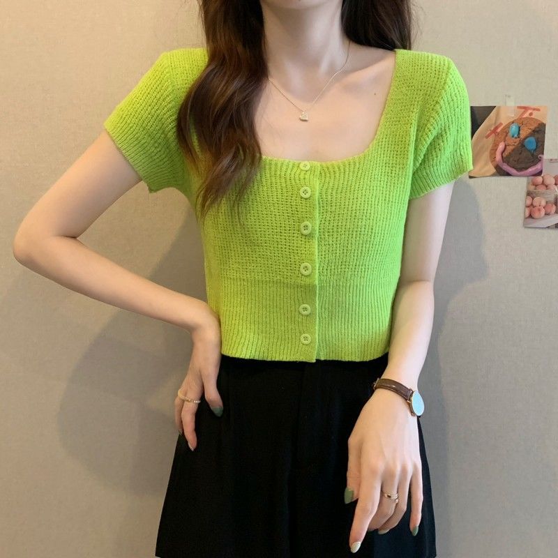 Slender front shoulder square collar knitted top 2022 new summer dragon fruit color short-sleeved T-shirt women's short slim fit