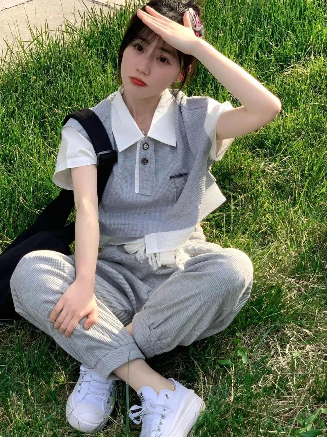 休閒運動短袖上衣兩件套裝女學院風時尚網紅減齡灰色短袖抽繩褲子