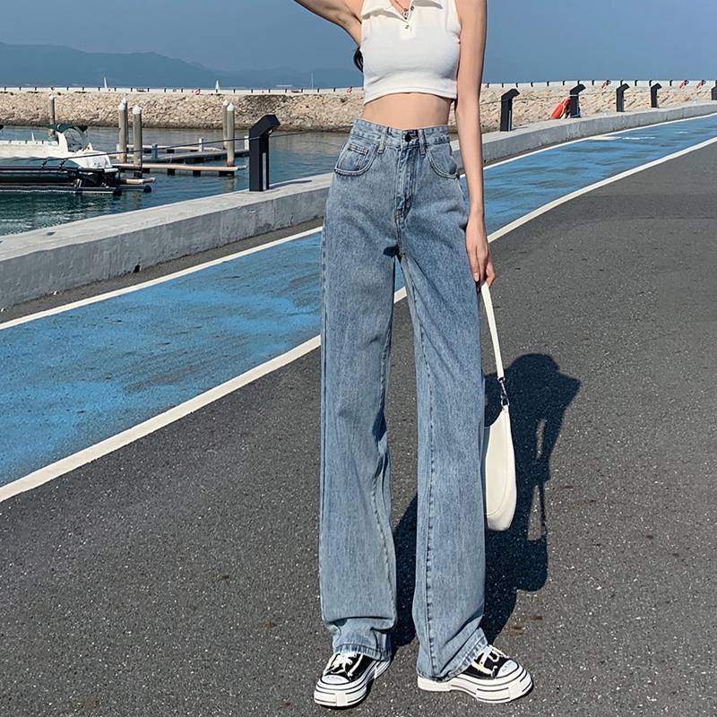 Spring and autumn high-waisted wide-leg jeans women's small loose drape Hyunya style Korean version all-match mopping straight-leg pants