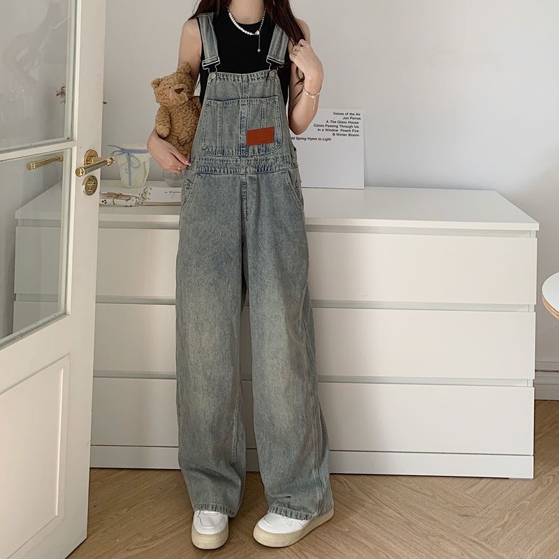 Denim overalls women's 2023 summer Korean version retro old-fashioned loose loose-fitting wide-leg pants daddy trousers tide