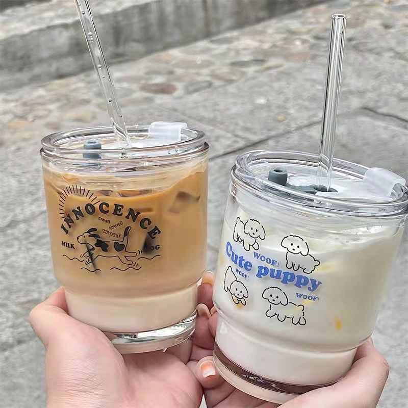 Han Feng's original design ins cartoon puppy glass straw water cup coffee cup breakfast cup lovers cup with cover