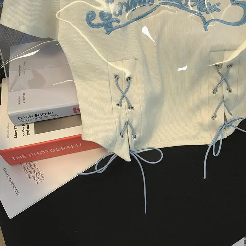 高档不规则绑带Polo领针织t恤女2023夏季设计感短款甜酷辣妹上衣