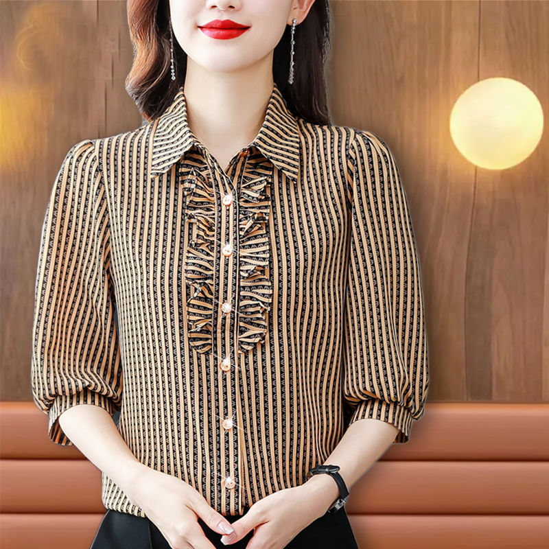 專櫃熱銷杭州真絲襯衫女七分袖今年新款印花條紋桑蠶絲高檔洋氣衫