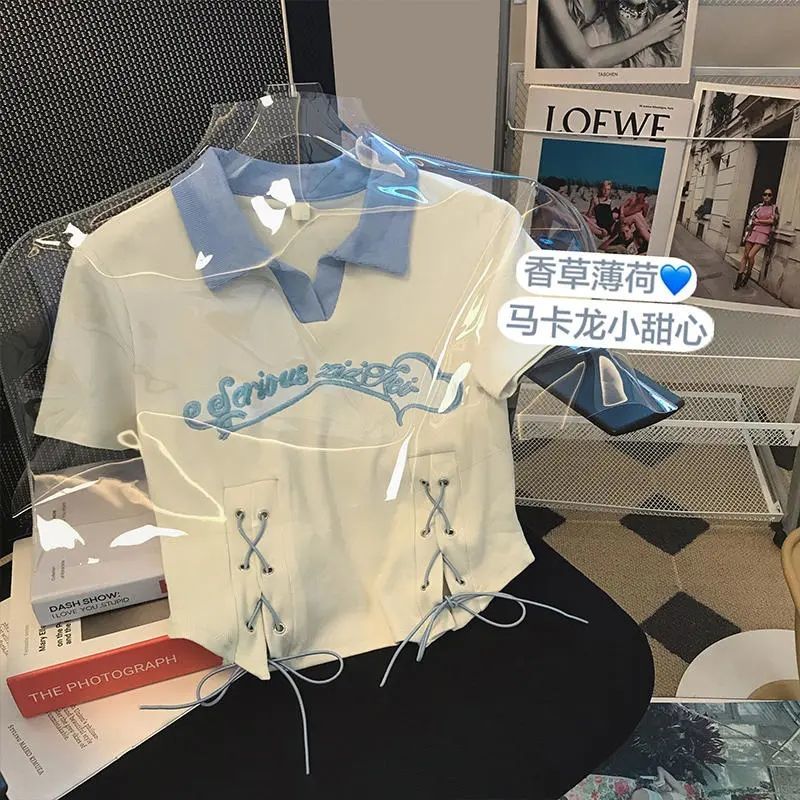 高檔不規則綁帶Polo領針織t恤女2023夏季設計感短款甜酷辣妹上衣