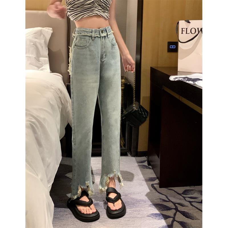 Ripped hole raw fringed fringed straight jeans women's summer thin section washed loose all-match high-waisted thin wide-leg pants