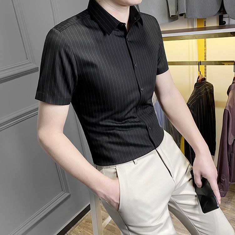 高端条纹衬衫男短袖夏季薄款冰丝寸衫商务休闲高级感修身男士衬衣